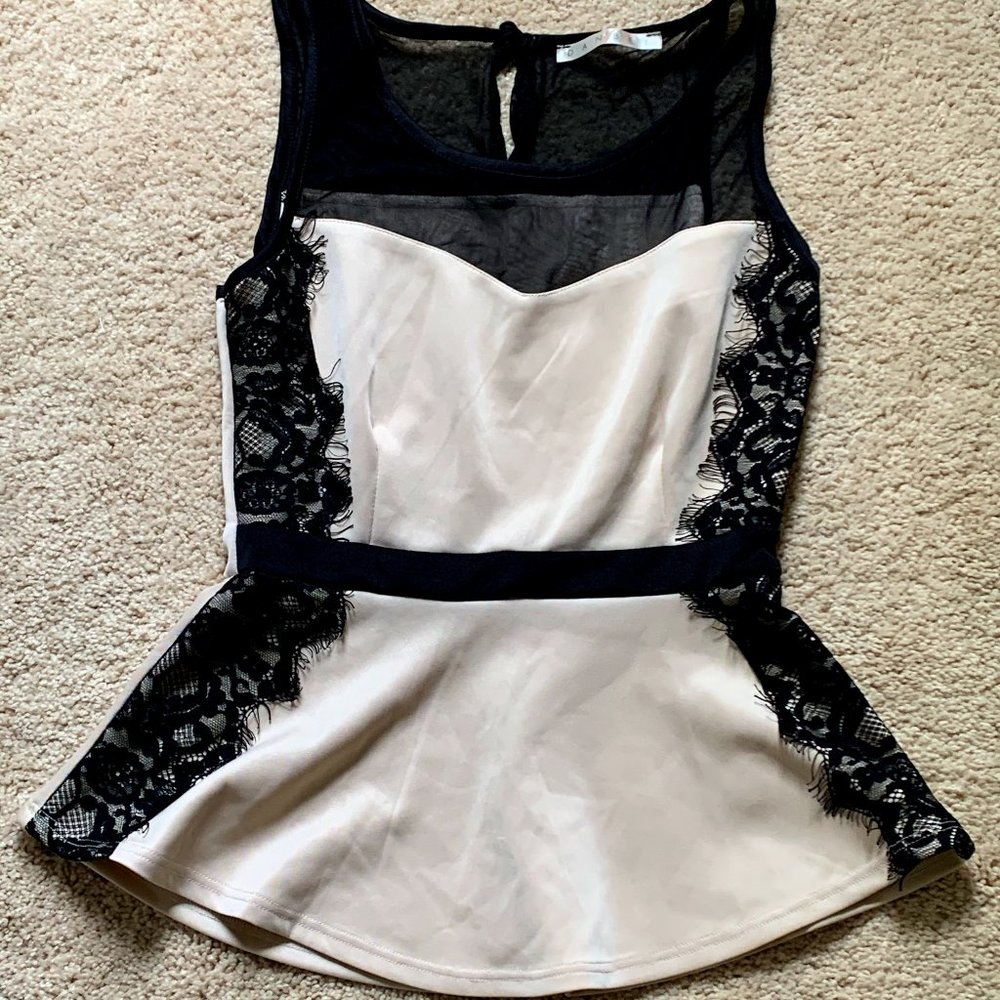 Danbee Tan & Black Peplum Top Size S